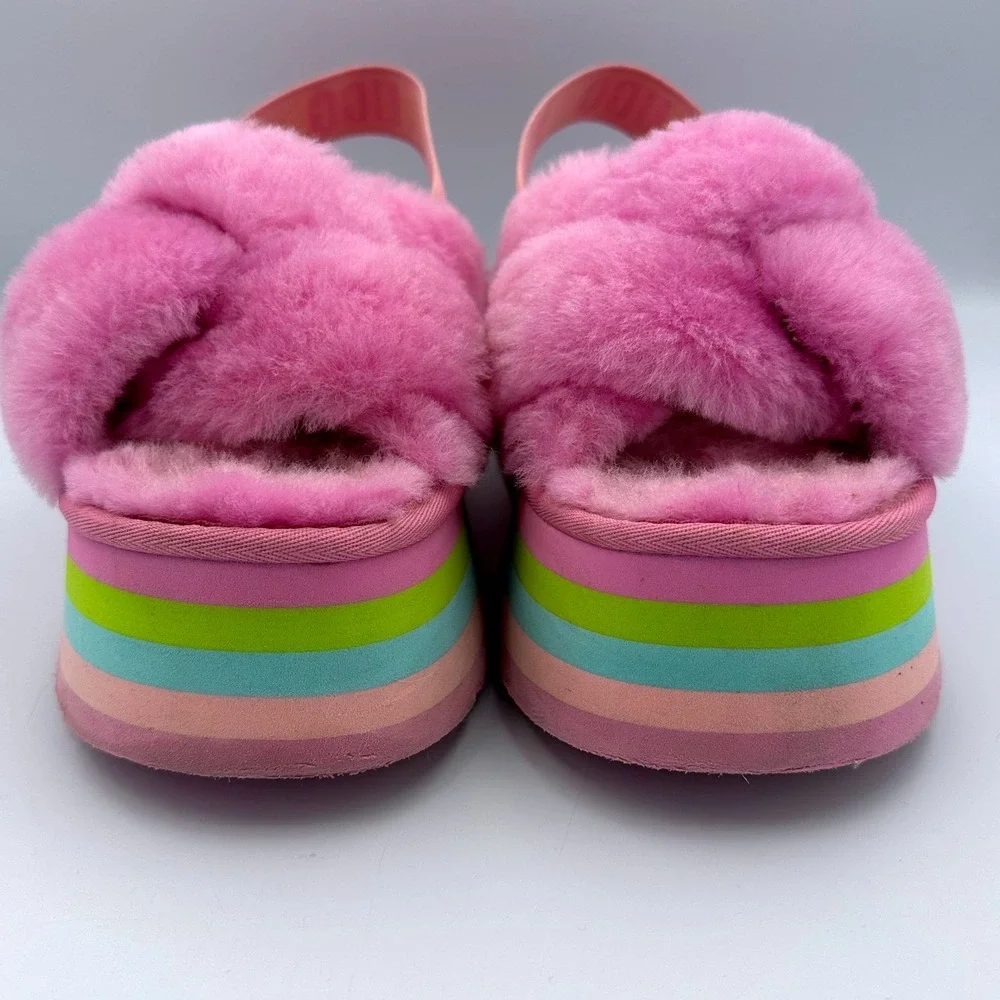 UGG Funkette Pink Platform Slingback Rainbow Sole Shearling Women's Size 9